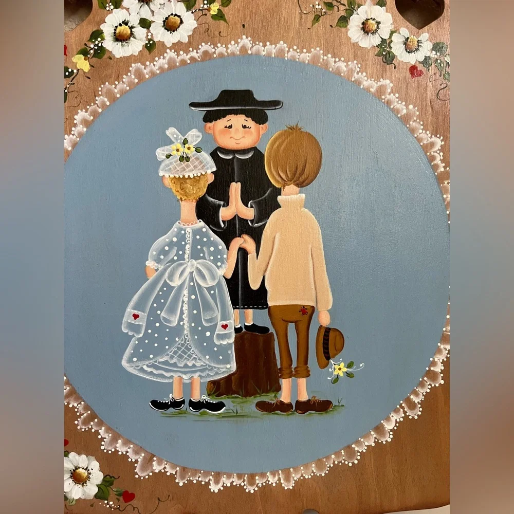 Vintage Hand Painted Folk Art Wedding Plaque Country Wall Decor